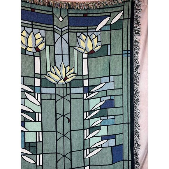 Vintage Stained Glass Architecture Frank Lloyd Wright Waterlilies Tapestry Throw - Picture 3 of 10
